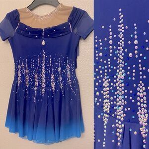 Custom solo dance ice skating ballet costume blue ombre rhinestoned dress LC
